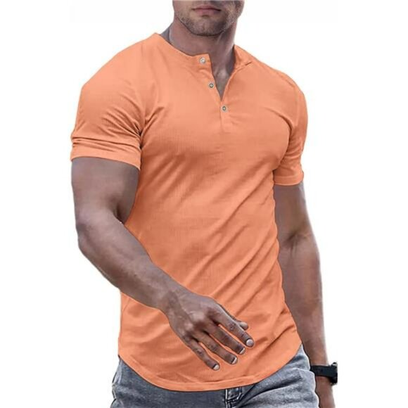 Men's Slim Fit Henley Shirt Muscle Crewneck Workout Tee Longline Button Top - Picture 1 of 7